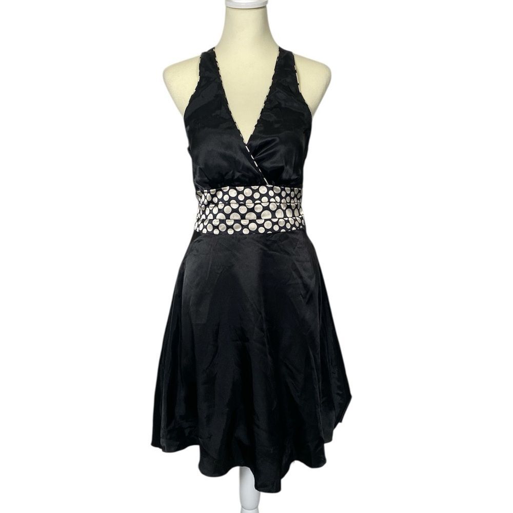 Vintage Y2K Black Halter Neck Dress Polka Dot Waistband Fit & Flare Cocktail